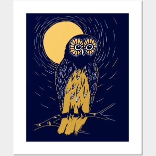 Deep blue and gold linocut of an owl on a moonlit night Posters and Art